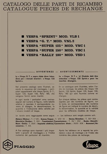 Vespa Sprint  VLB1, G.T. VNL 2, Super 125 VNC 1, Super 150 VBC 1, Rally 180 VSD 1, Ersatzteilkatalog