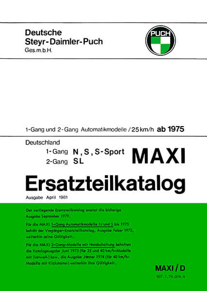 Puch Maxi N, S, S-Sport, SL, 1- und 2-Gang, Ausführung für Deutschland, Ersatzteilkatalog