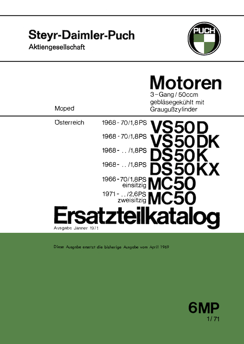 Puch VS50D VS50DK DS50K DS50KX MC50 Motor Ersatzteilkatalog