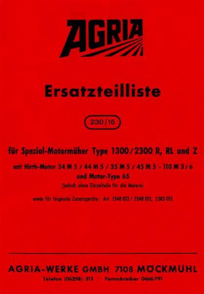 Agria 1300 / 2300 R, RL und Z Ersatzteilliste