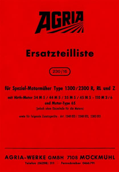 Agria 1300 / 2300 R, RL und Z Ersatzteilliste