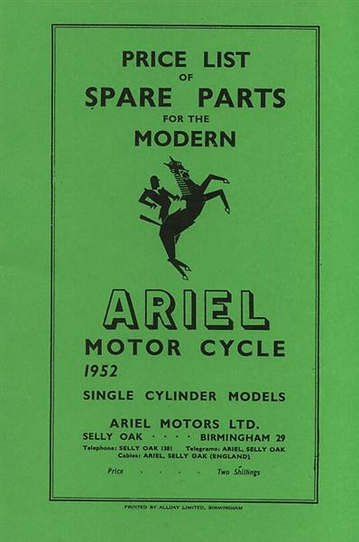 Ariel  Motor Cycle 1952 Single Cylinder Models Spare Parts