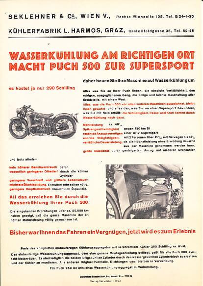 Puch 500, Prospektreprint von 1934 Zweizylinder-Zweitakt mit Harmos-Wasserkühlung, Prospekt-Reprint