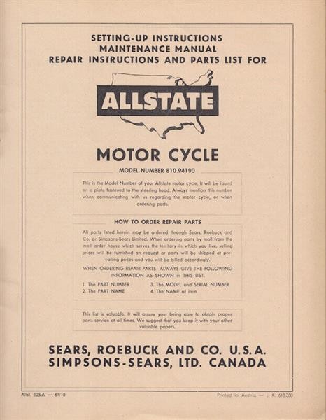 Allstate 125A - Owners Manual, Repair Manual, Spare-parts Catalog