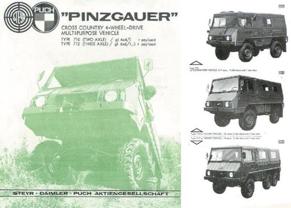 Puch Pinzgauer 710 und 712, Prospekt-Reprint, 2-färbig, fünf verschiedene Ausführungen, technische Daten