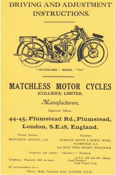Matchless Modell "V/2", Driving and Adjustment Instructions