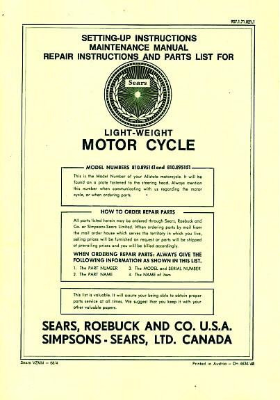 Allstate Sears Light-weight Motorcycle - Maintenance, Repair Instructions and Parts List