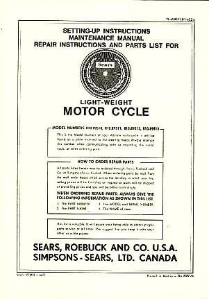 Allstate Sears Light-weight Motorcycle - Maintenance, Repair Instructions and Parts List