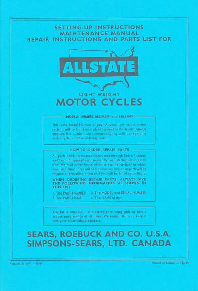 Allstate Sears Light-weight Motorcycle - Maintenance, Repair Instructions and Parts List