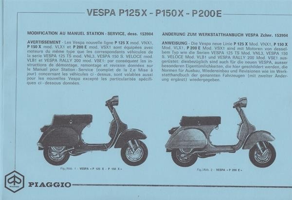 Piaggio Vespa P125X, P150X, P200E, Werkstatthandbuch (Ergänzung)