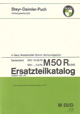Puch M 50 Racing,  4-Gang, 2,6 - 2,9 PS, Modelle ab 1972, Ausführung für Deutschland, Ersatzteilkatalog