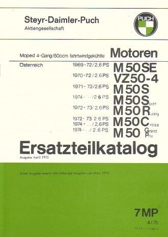 Puch 4-Gang-Motoren, fahrtwindgekühlt, M 50 SE , -4, S, Sport, R, Racing, C, Cross, GP, Grand Prix Ersatzteilkatalog