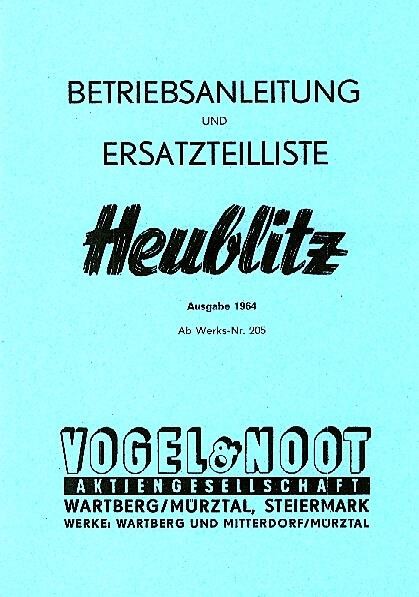 Vogel & Noot Heublitz, Betriebsanleitung und Ersatzteilliste