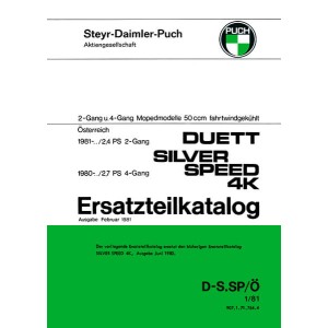 Puch Duett, 2-Gang handgeschaltet, 2,4 PS, Silver Speed 4K, 4-Gang fußgeschaltet, ab 1980, Ersatzteilkatalog
